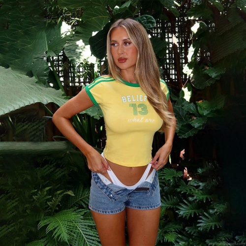 Women Sexy Crop T-Shirt Contrast Binding Short Sleeve Polyester Spandex Streetwear Summer Tee With Letter Print And Three Stripes Decoration