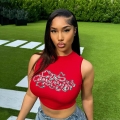 Women Red Sleeveless Tank Top With Metallic Letter Print Sexy Y2K Crop Top Polyester Spandex Streetwear For Summer Music Festival