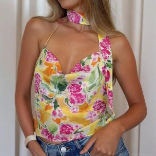 Women's Sexy Floral Print Halter Crop Top Polyester Spandex Backless Camisole For Summer Beach Vacation Streetwear Sexy Slim Fit Tank Top