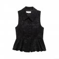 Women Elegant Black Jacquard Peplum Top Sleeveless Button Up Vest Camisole Elegant Party Wear Slim Fit Bodycon Waistcoat With Floral Texture For Ladies