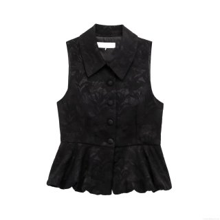 Women Elegant Black Jacquard Peplum Top Sleeveless Button Up Vest Camisole Elegant Party Wear Slim Fit Bodycon Waistcoat With Floral Texture For Ladies