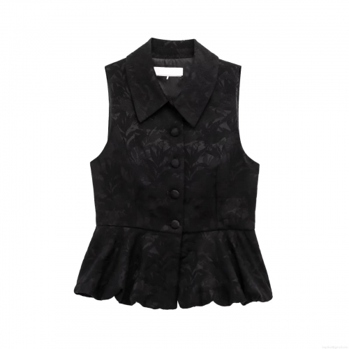 Women Elegant Black Jacquard Peplum Top Sleeveless Button Up Vest Camisole Elegant Party Wear Slim Fit Bodycon Waistcoat With Floral Texture For Ladies