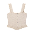 Women's Knitted Camisole Tank Top 100% Polyester Crochet Square Neck Ruffle Straps Single Breasted Button Down Crop Top For Daily Date Summer Streetwear
