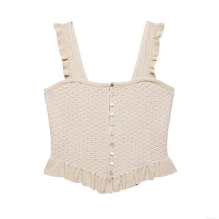 Women's Knitted Camisole Tank Top 100% Polyester Crochet Square Neck Ruffle Straps Single Breasted Button Down Crop Top For Daily Date Summer Streetwear