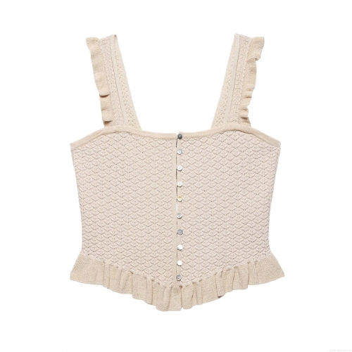 Women's Knitted Camisole Tank Top 100% Polyester Crochet Square Neck Ruffle Straps Single Breasted Button Down Crop Top For Daily Date Summer Streetwear