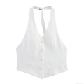 Women's Sexy Halter Neck Vest Top Fashion Single Breasted V-Hem Sleeveless White Polyester Tank Top For Summer Party Clubwear