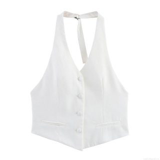 Women's Sexy Halter Neck Vest Top Fashion Single Breasted V-Hem Sleeveless White Polyester Tank Top For Summer Party Clubwear