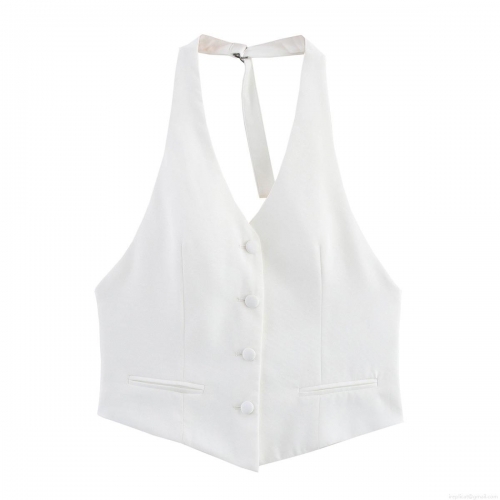 Women's Sexy Halter Neck Vest Top Fashion Single Breasted V-Hem Sleeveless White Polyester Tank Top For Summer Party Clubwear