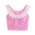 Women Sweet Pink Gingham Crop Top With White Lace Square Neck Single Breasted Sleeveless Vest Shirt Pastoral Style Breathable Polyester Cotton Blend Cami For Summer Daily Dating