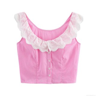 Women Sweet Pink Gingham Crop Top With White Lace Square Neck Single Breasted Sleeveless Vest Shirt Pastoral Style Breathable Polyester Cotton Blend Cami For Summer Daily Dating