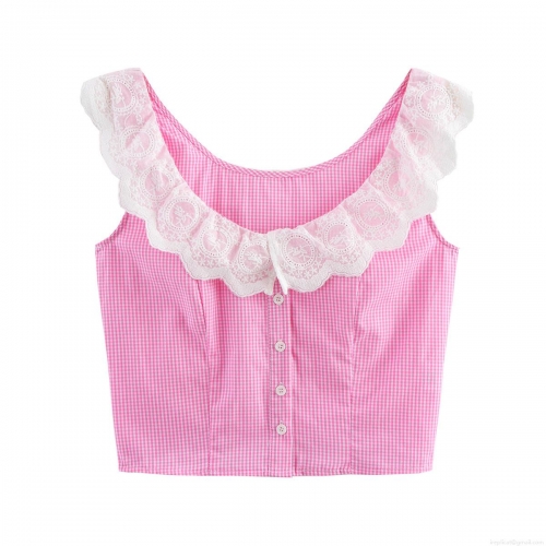 Women Sweet Pink Gingham Crop Top With White Lace Square Neck Single Breasted Sleeveless Vest Shirt Pastoral Style Breathable Polyester Cotton Blend Cami For Summer Daily Dating