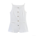 Women's White Square Neck Suit Vest Camisole Single Breasted Slim Fit Polyester Sleeveless Tank Top For Daily Commuting Office Party