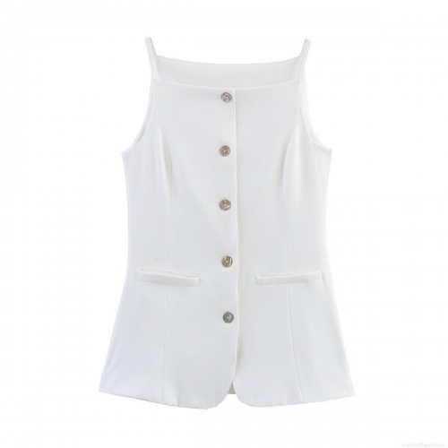 Women's White Square Neck Suit Vest Camisole Single Breasted Slim Fit Polyester Sleeveless Tank Top For Daily Commuting Office Party