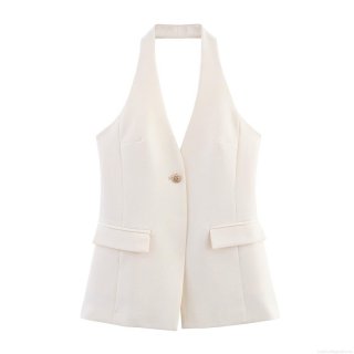 Women's Chic Off-White Halter Neck Suit Vest Top Sexy Deep V-Neck Backless Sleeveless Slim Fit Cropped Blouse With Metal Button For Party Clubwear