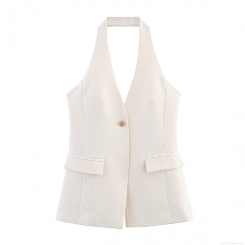 Women's Chic Off-White Halter Neck Suit Vest Top Sexy Deep V-Neck Backless Sleeveless Slim Fit Cropped Blouse With Metal Button For Party Clubwear
