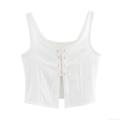Women Sexy White Lace Up Tank Top Ribbed Sleeveless Crop Top U Neck Strappy Vest For Summer Party Clubwear Streetwear Slim Fit Top