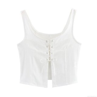 Women Sexy White Lace Up Tank Top Ribbed Sleeveless Crop Top U Neck Strappy Vest For Summer Party Clubwear Streetwear Slim Fit Top