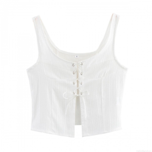 Women Sexy White Lace Up Tank Top Ribbed Sleeveless Crop Top U Neck Strappy Vest For Summer Party Clubwear Streetwear Slim Fit Top