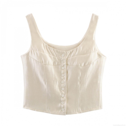 Women's Elegant Satin Sleeveless Tank Top With Front Buttons Polyester Silk Texture Single Breasted Slim Fit Solid Color Summer Casual Top