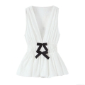 Women's Polyester V-Neck Sleeveless Tank Top With Black Bow Accent Pleated Hem Textured Slim Fit Sweet Summer Camisole Top