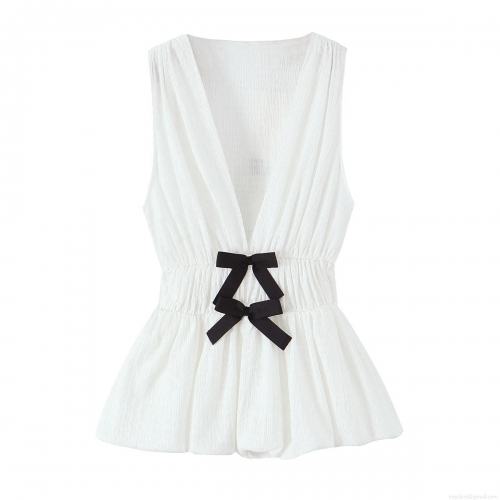Women's Polyester V-Neck Sleeveless Tank Top With Black Bow Accent Pleated Hem Textured Slim Fit Sweet Summer Camisole Top