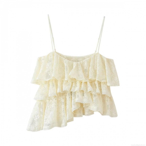 Women's Elegant Lace Camisole Tank Top Multi Layered Ruffle Tiered Irregular Hem Sleeveless Strappy Crop Top For Summer Party Dating Off-white