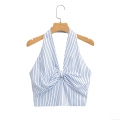 Women's Sexy Blue and White Striped Halter Neck Tank Top With Front Bow Knot Detail Smocked Back Cropped Sleeveless Summer Cami Top For Women
