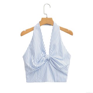Women's Sexy Blue and White Striped Halter Neck Tank Top With Front Bow Knot Detail Smocked Back Cropped Sleeveless Summer Cami Top For Women