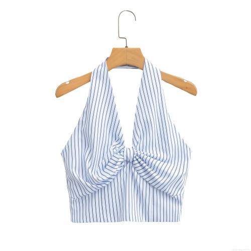Women's Sexy Blue and White Striped Halter Neck Tank Top With Front Bow Knot Detail Smocked Back Cropped Sleeveless Summer Cami Top For Women