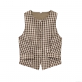 Women Gingham Plaid Vest Top Sleeveless V Neck Single Breasted Cropped Waistcoat Retro Slim Fit Tank Top For Summer Autumn Elegant Casual Brown White