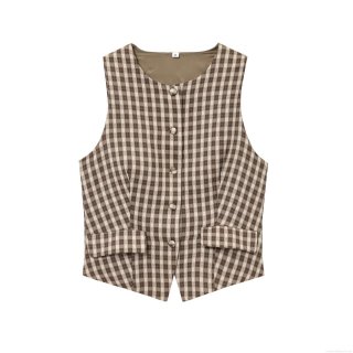 Women Gingham Plaid Vest Top Sleeveless V Neck Single Breasted Cropped Waistcoat Retro Slim Fit Tank Top For Summer Autumn Elegant Casual Brown White