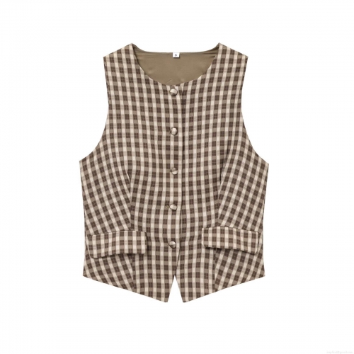 Women Gingham Plaid Vest Top Sleeveless V Neck Single Breasted Cropped Waistcoat Retro Slim Fit Tank Top For Summer Autumn Elegant Casual Brown White