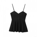 Sexy Slim Fit Black Cami Top For Women With Ruffled Diagonal Hem Cowl Neck Thin Straps Polyester Blend Tank Top For Party Summer Daily Wear