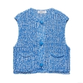 French Style Slim Fit Chunky Knit Vest Cardigan For Women Sleeveless Button Up Mixed Blue Polyester Top With Pockets Daily Dating Chic Lady Knitwear
