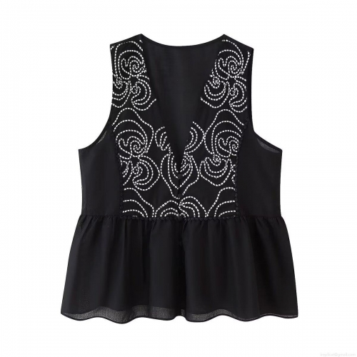 Women's Elegant Sleeveless V-Neck Peplum Hem Tank Top With White Spiral Embroidery Design Fashion Black Vest Top For Summer Party Dating