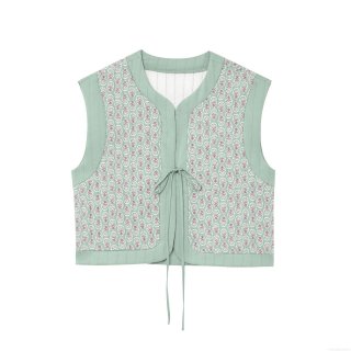 Vintage Floral Print Quilted Vest For Women Sleeveless Tie-Front Waistcoat Retro Cottagecore Style Padded Tank Top Spring Autumn Outerwear