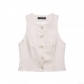 Women's Minimalist Single Breasted Sleeveless Vest Oatmeal Beige Linen Textured Slim Fit Short Waistcoat Top Summer Vacation Fashion
