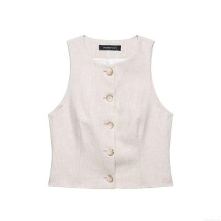 Women's Minimalist Single Breasted Sleeveless Vest Oatmeal Beige Linen Textured Slim Fit Short Waistcoat Top Summer Vacation Fashion