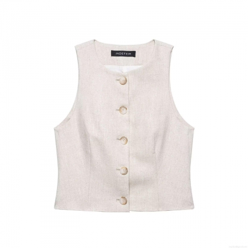 Women's Minimalist Single Breasted Sleeveless Vest Oatmeal Beige Linen Textured Slim Fit Short Waistcoat Top Summer Vacation Fashion