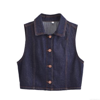 Women's Sexy Lapel Cropped Denim Vest Sleeveless Button Down Tank Top With Contrast Stitching Slim Fit Casual Polyester Jean Vest Top For Women