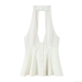 Women's French Style Halterneck V-Neck Camisole Polyester Button Front Cream White Striped Sleeveless Slim Fit Short Vest Top Summer Chic Casual Women's Clothing