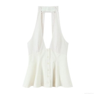 Women's French Style Halterneck V-Neck Camisole Polyester Button Front Cream White Striped Sleeveless Slim Fit Short Vest Top Summer Chic Casual Women's Clothing