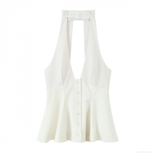 Women's French Style Halterneck V-Neck Camisole Polyester Button Front Cream White Striped Sleeveless Slim Fit Short Vest Top Summer Chic Casual Women's Clothing