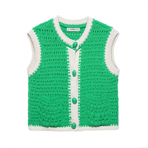 Women's Vintage Crochet Knitted Vest Contrast Color Button Front Sleeveless Tank Top Sweet Casual Summer Knitwear Cropped Top