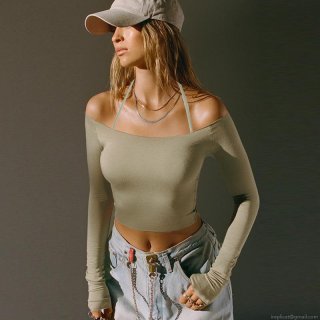 Women's Sexy Halter Off-Shoulder Long Sleeve Crop Top Solid Ribbed Knit Polyester Slim Fit American Streetwear Y2K Aesthetic Tee