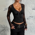 Women Sexy V Neck Long Sleeve Lace Patchwork Slim Fit T-Shirt Solid Color Black Top with Bow Tie Streetwear Fashion Tee for Autumn