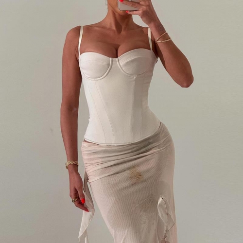 Women Sexy Bustier Corset Cami Top Polyester Spandex Fishbone Slim Fit Cropped Tank Top Summer Vacation Solid Color Spaghetti Strap Vest