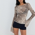 Women Sexy Zebra Print Sheer Mesh T-Shirt Long Flare Sleeve Round Neck Slim Fit Crop Top Streetwear Y2K Clubwear Party Top