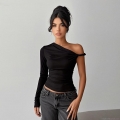 Women Sexy One Shoulder Long Sleeve T-Shirt Asymmetric Twisted Front Ruched Slim Fit Crop Top Chic Streetwear Solid Black Polyester Spandex Tee