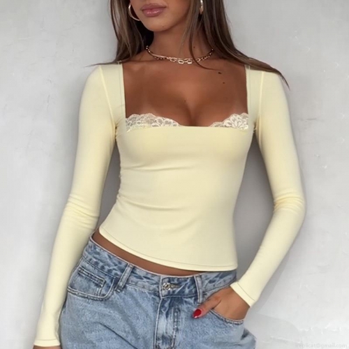 Women's Autumn Slim Fit Ribbed T-Shirt Elegant Square Neck Lace Trim Long Sleeve Top Solid Color Casual Knit Blouse For Daily Dating